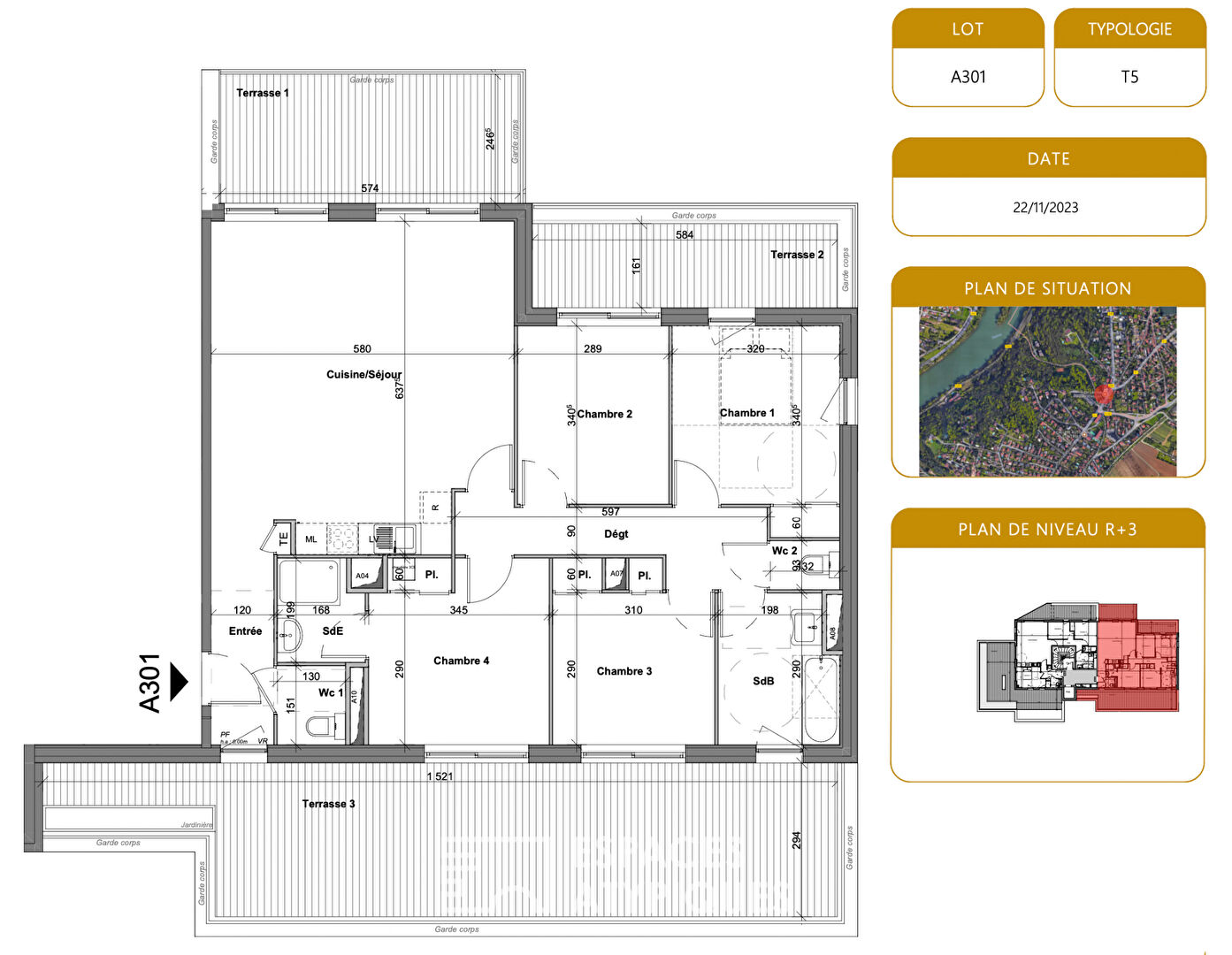 Appartement en dernier étage avec terrasses et vue