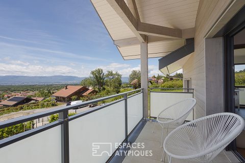 Maison passive contemporaine, vue lac Léman et montagnes, proche Genève