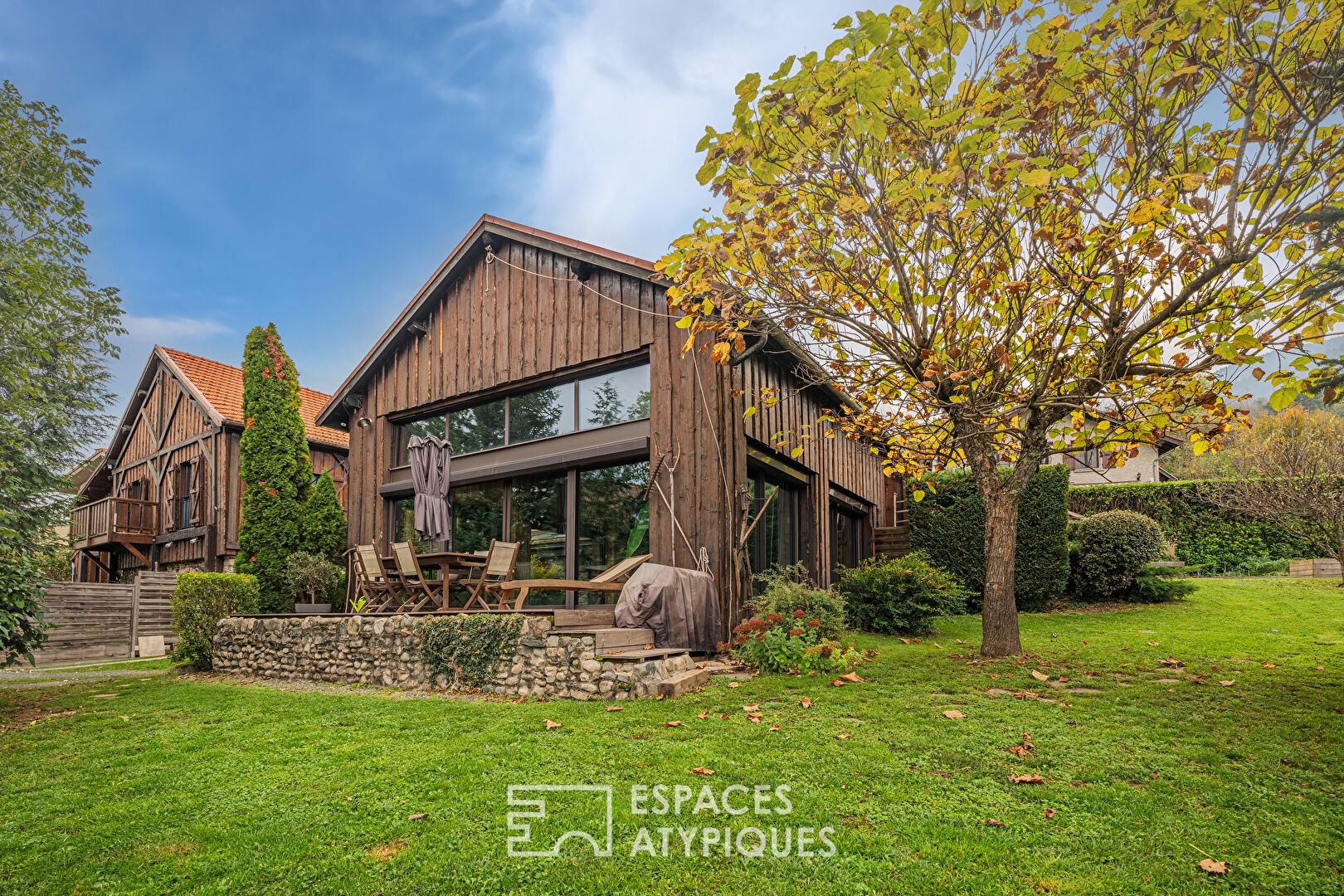 Old renovated barn with its indoor swimming pool