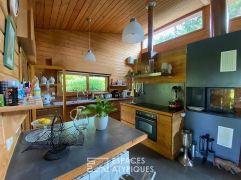 Maison d’architecte en bois avec étang