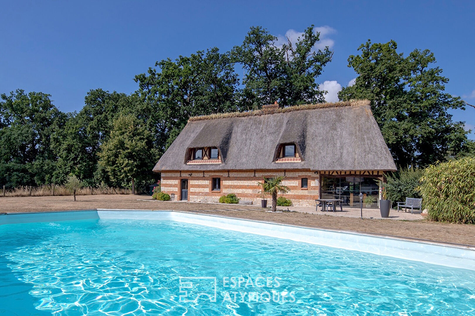 Thatched cottage from an old barn with swimming pool and outbuilding