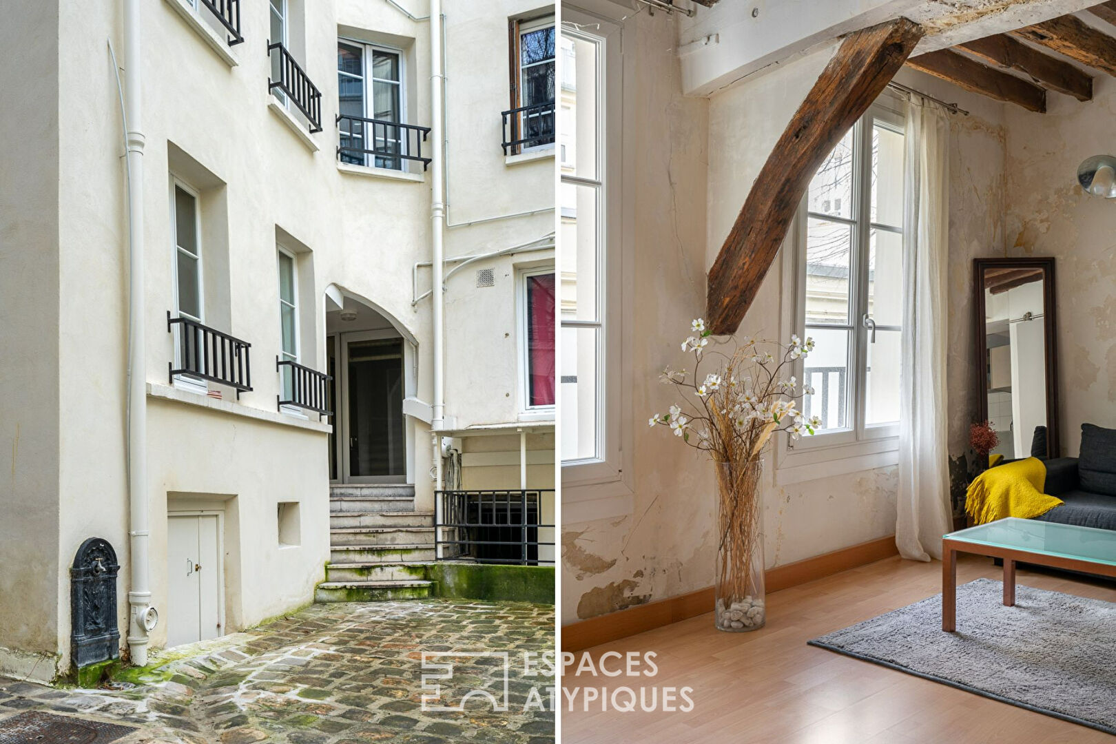 Apartment with exposed beams on paved courtyard