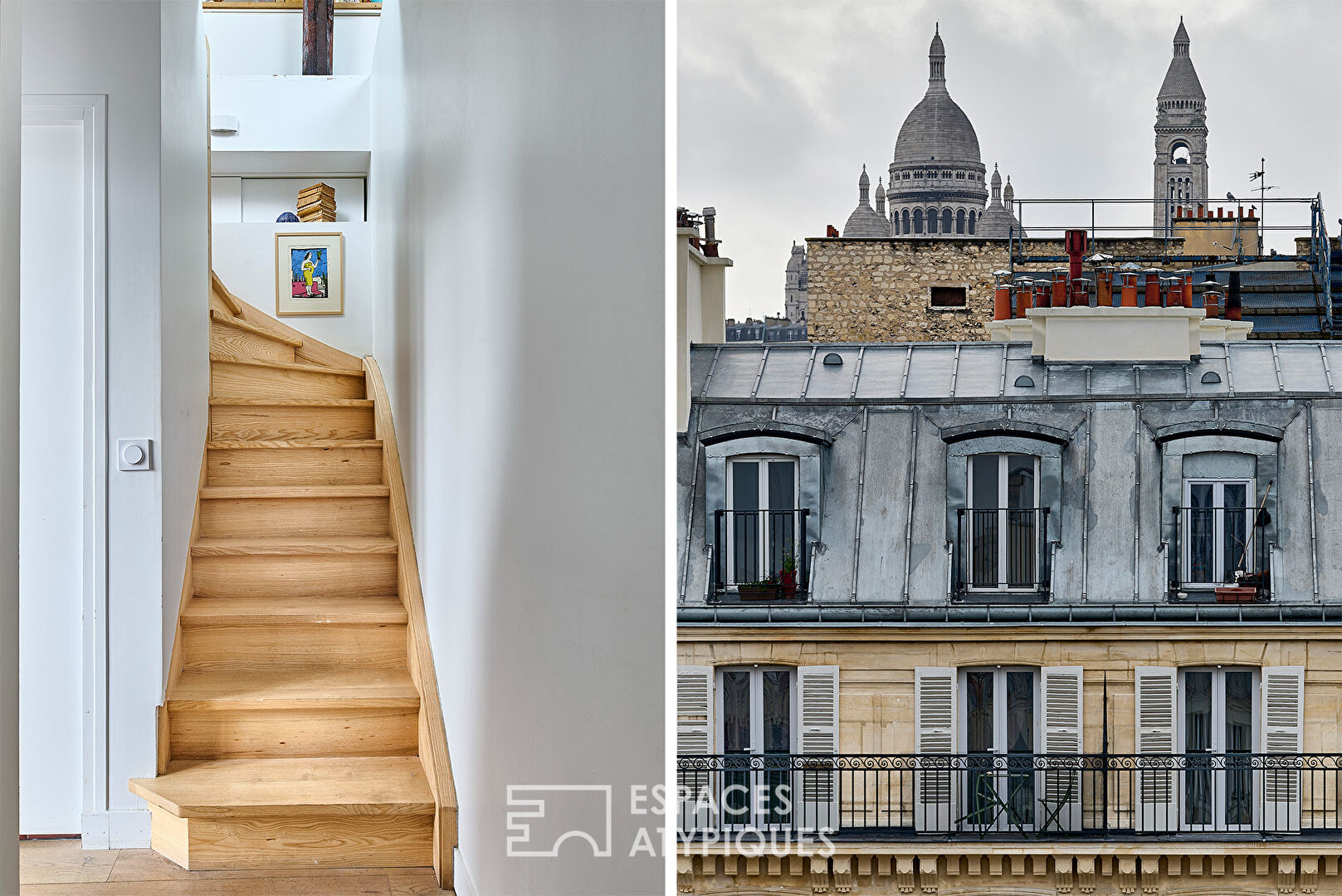 Duplex traversant sous les toits et vue Sacré Coeur