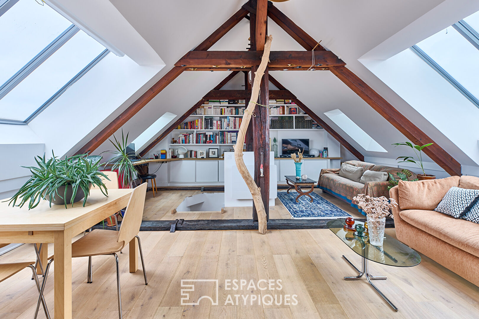 Duplex traversant sous les toits et vue Sacré Coeur