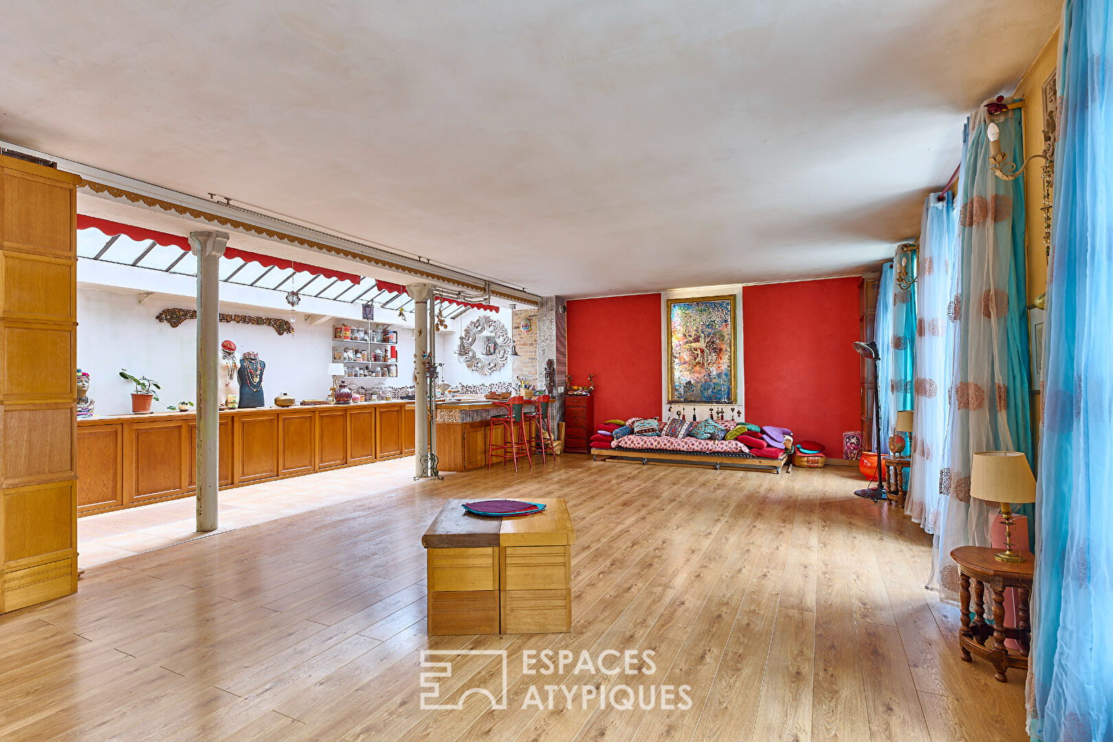 Former loft-style yoga room with balcony