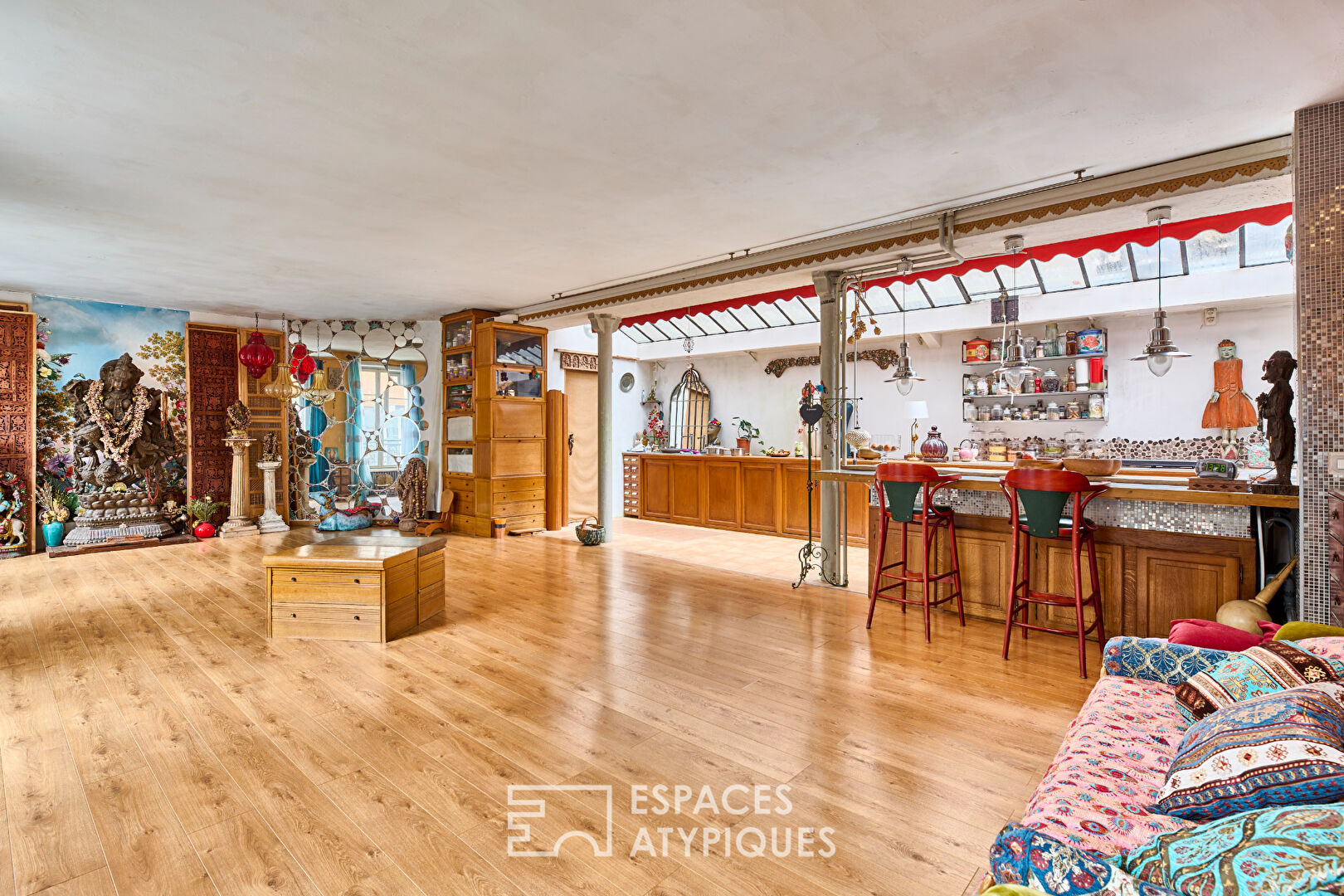 Former loft-style yoga room with balcony