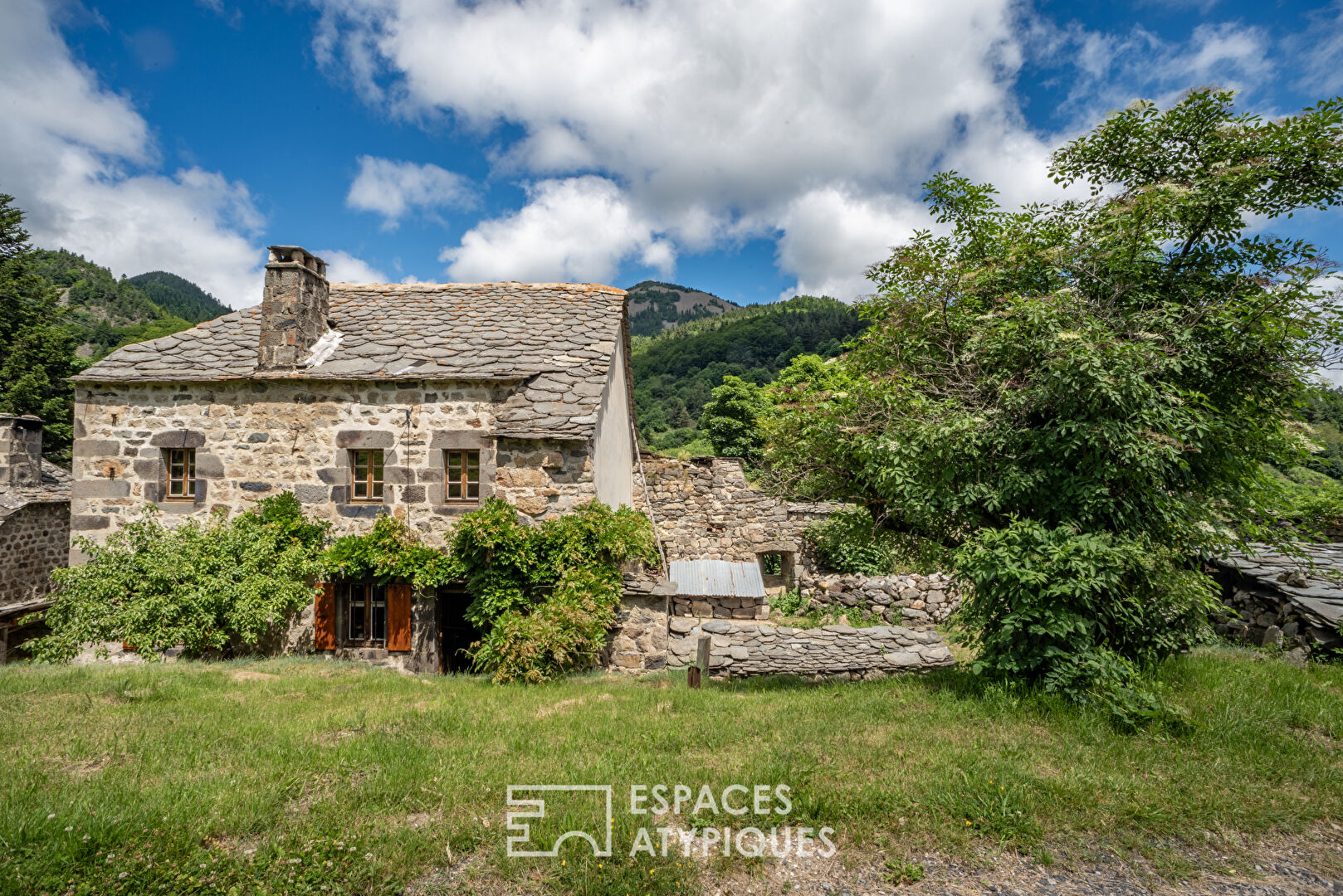 Typical old farmhouse in the Ardèche mountains at the foot of Mont Gerbier