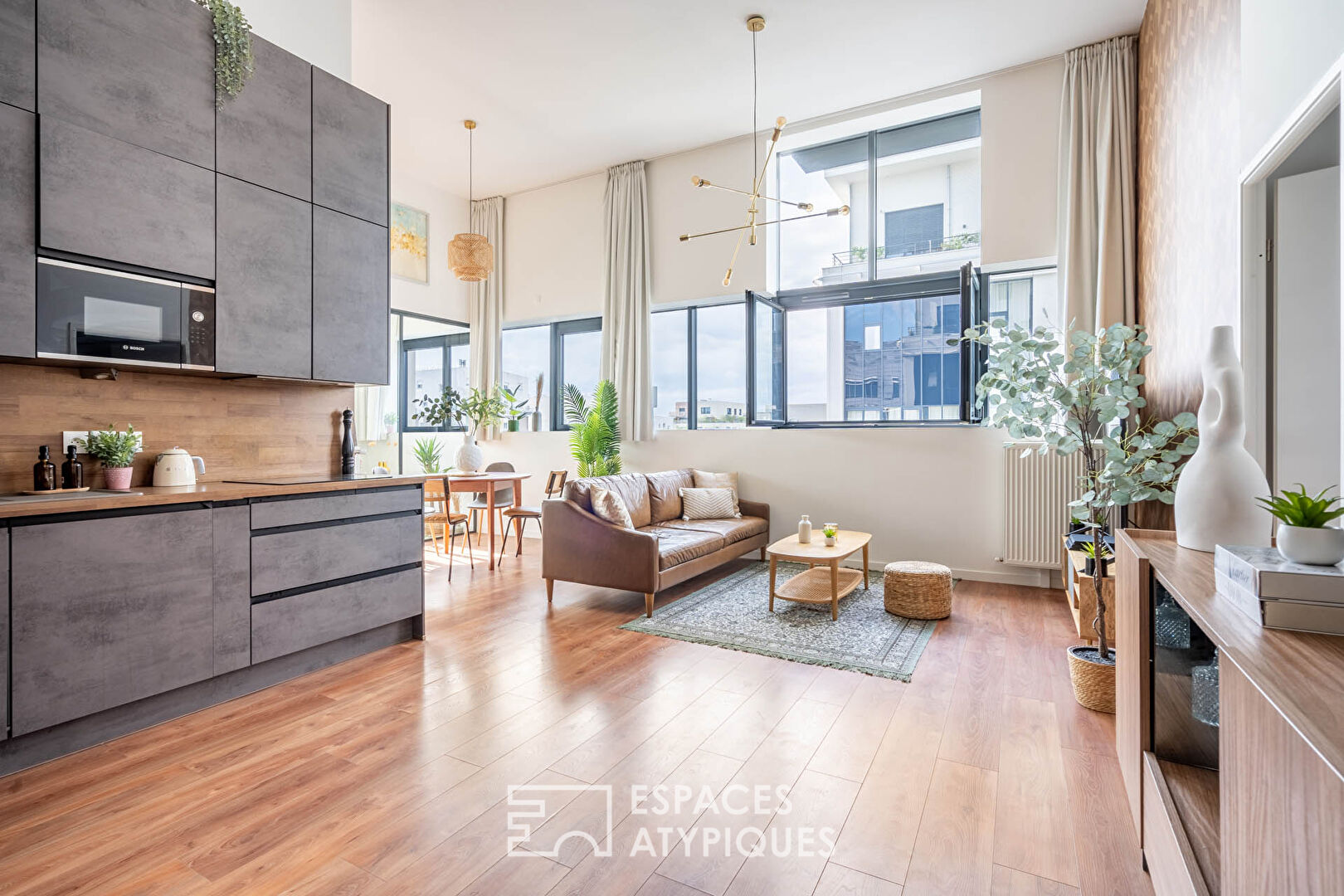 Contemporary loft with cathedral living room